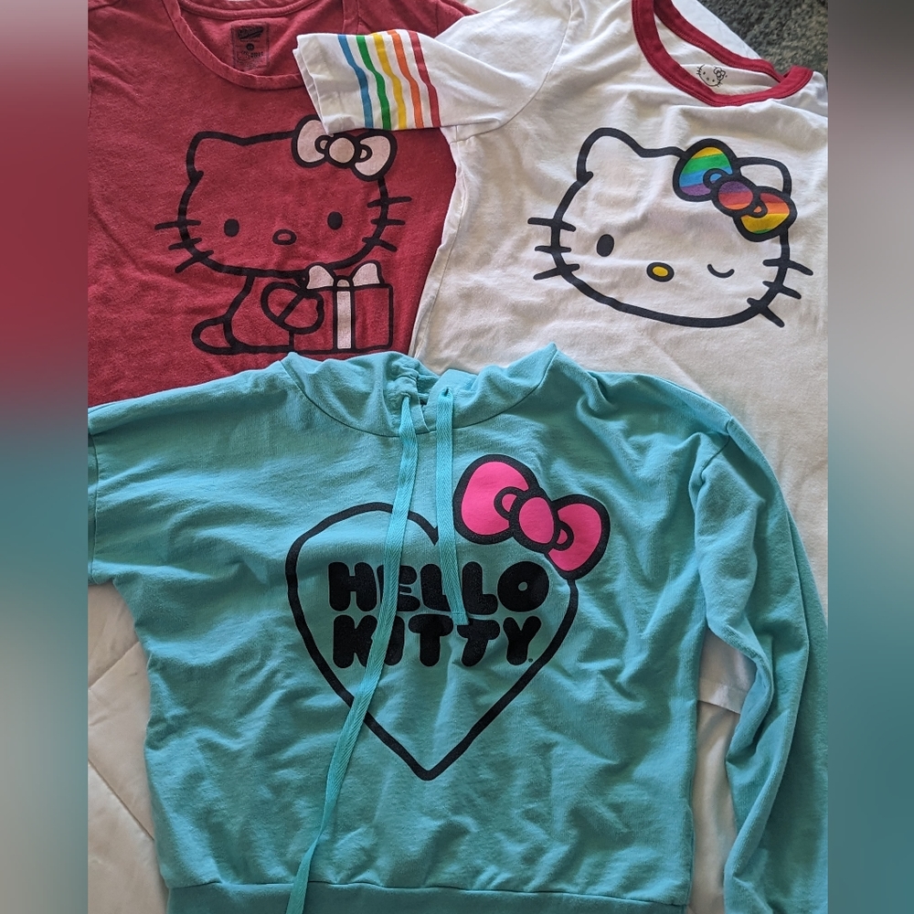 Lot of 3 Hello Kitty Shirts. Blue hoodie/red tee size L white shirt is JR XL